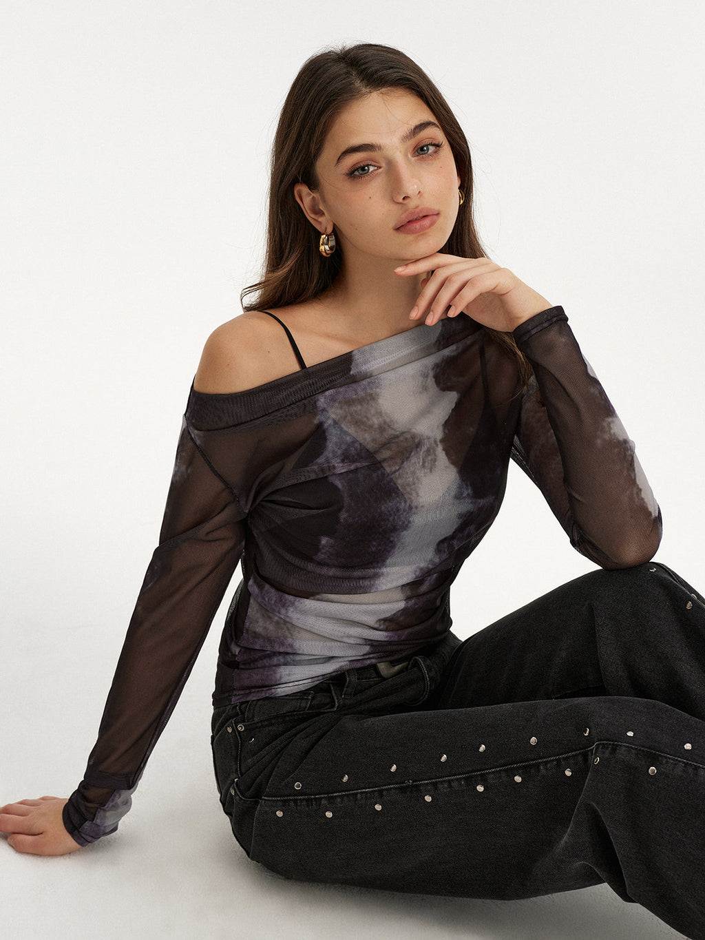 Off-Shoulder Long Sleeve Mesh Tie-Dye T-Shirt
