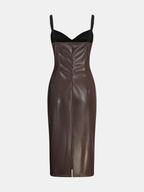 Faux Leather Midi Dress with Sweetheart Neckline