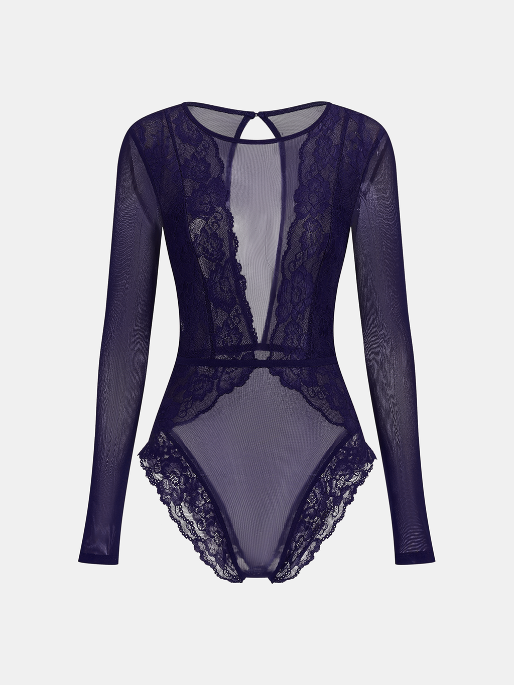 Long Sleeve Sheer Bodysuit with Lace and Mesh