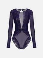 Long Sleeve Sheer Bodysuit with Lace and Mesh