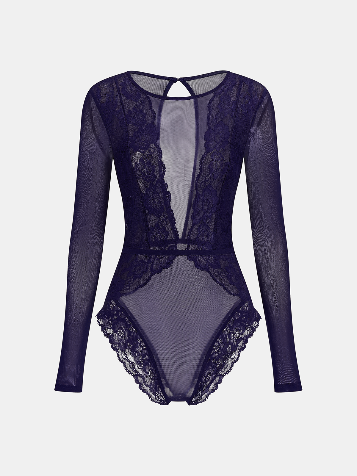 Long Sleeve Sheer Bodysuit with Lace and Mesh
