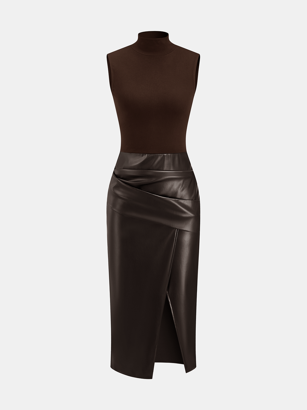 Mock Neck Sleeveless Dress with Faux Leather Panel