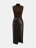 Mock Neck Sleeveless Dress with Faux Leather Panel