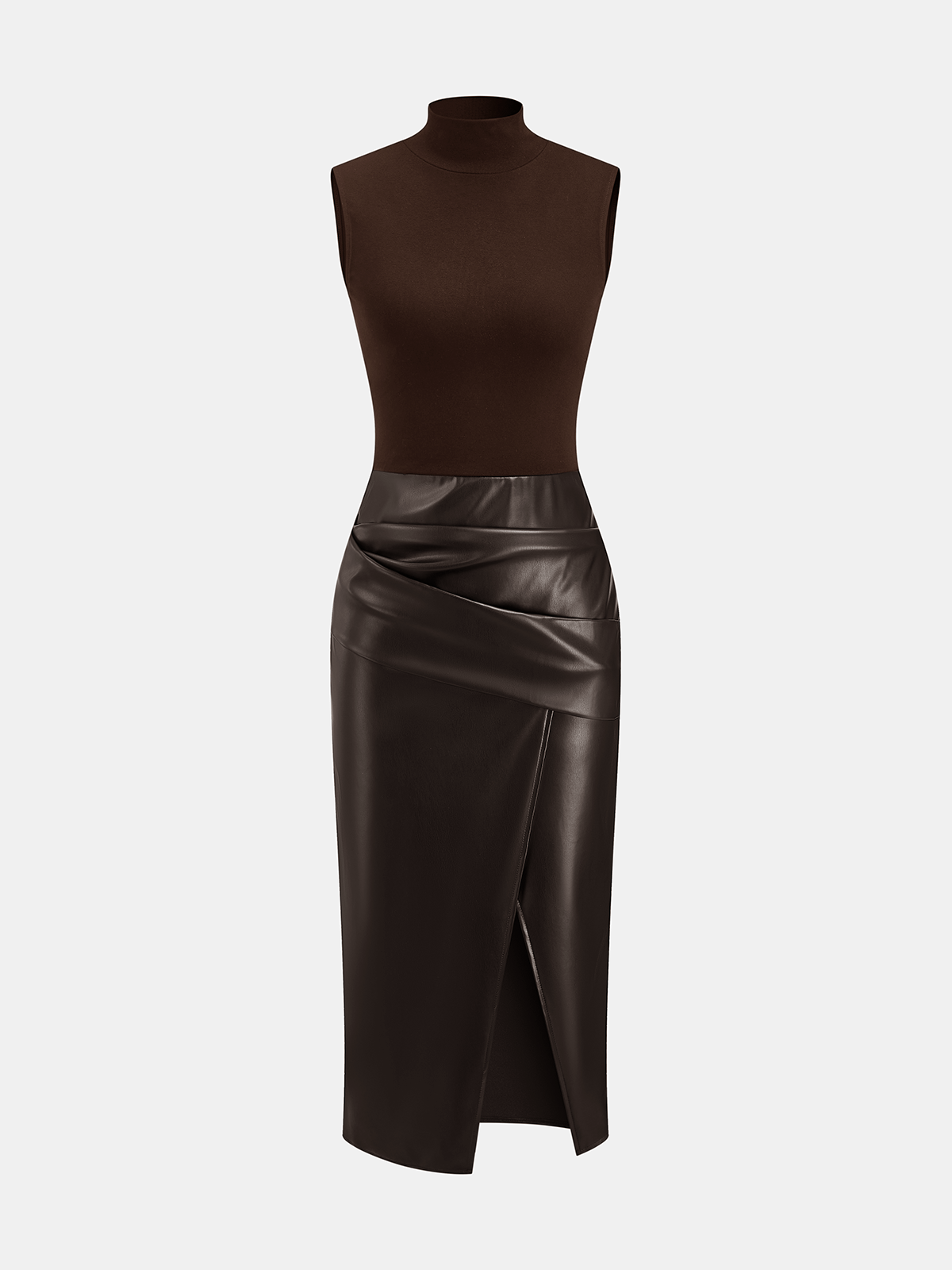 Mock Neck Sleeveless Dress with Faux Leather Panel