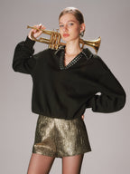 Embellished Rhinestone Collar Long-Sleeve Sweatshirt