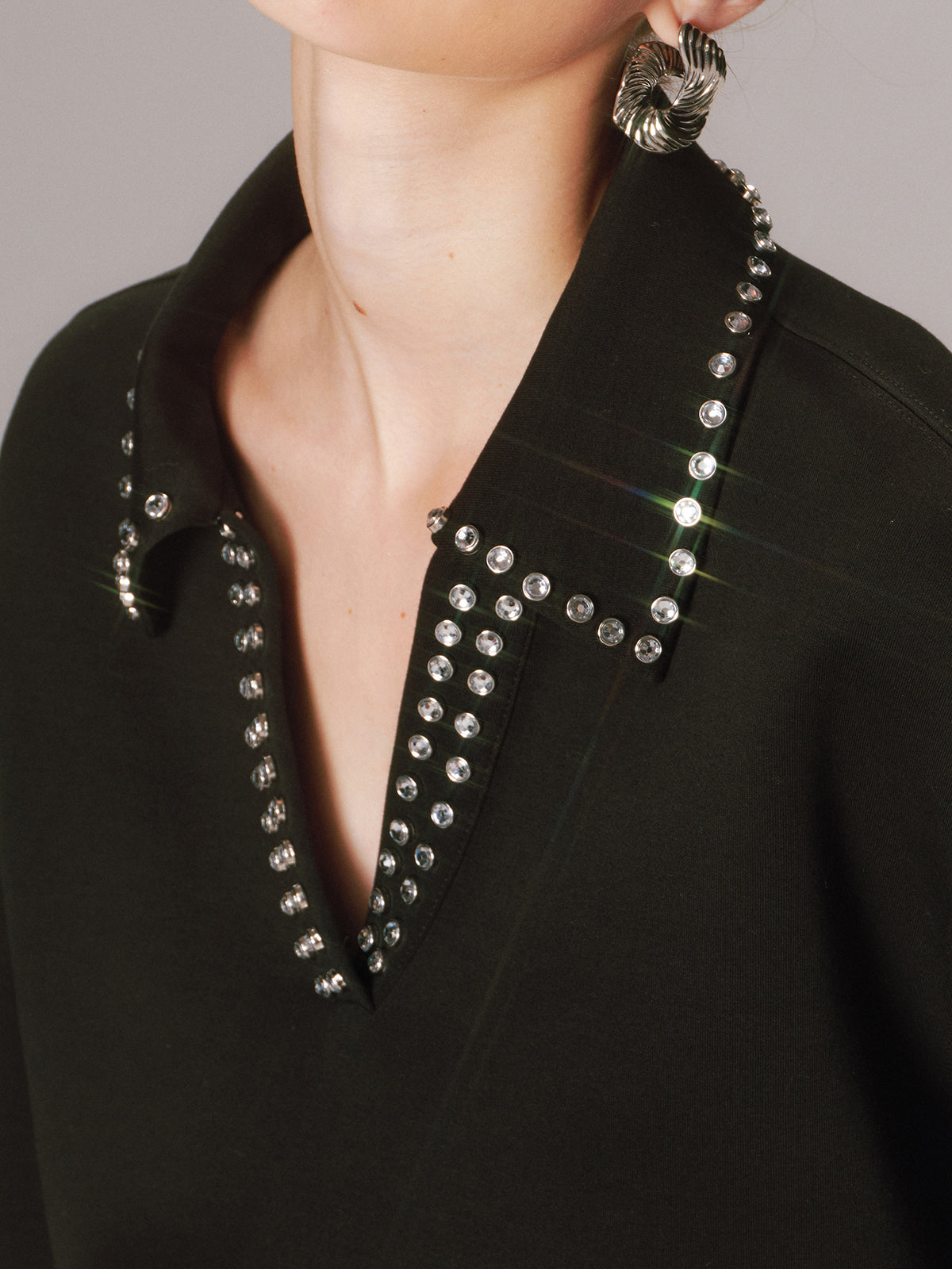 Embellished Rhinestone Collar Long-Sleeve Sweatshirt