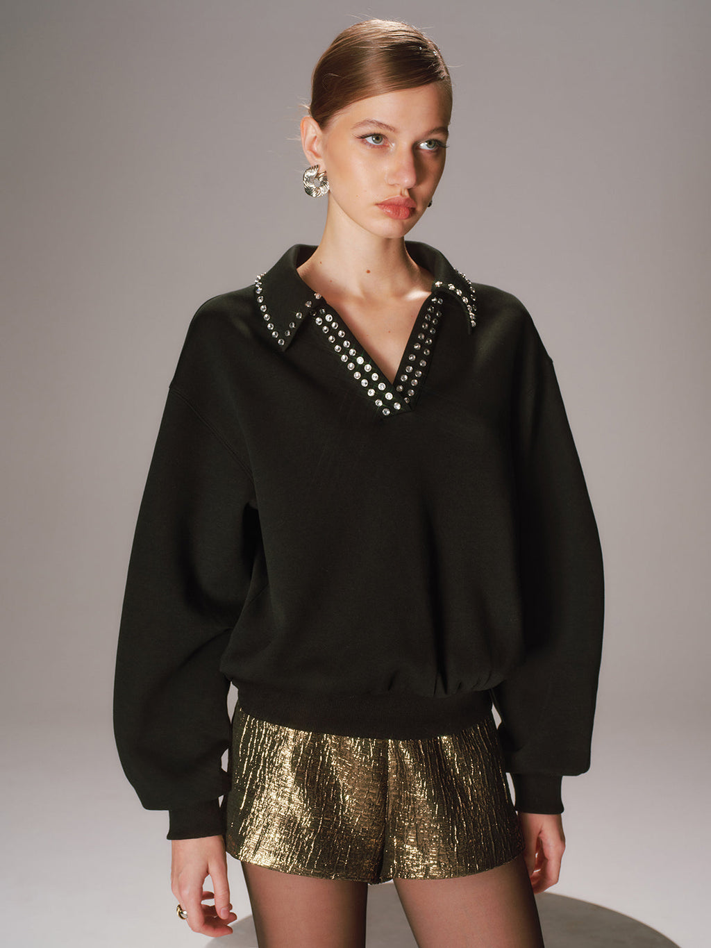 Embellished Rhinestone Collar Long-Sleeve Sweatshirt