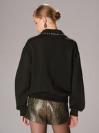 Embellished Rhinestone Collar Long-Sleeve Sweatshirt