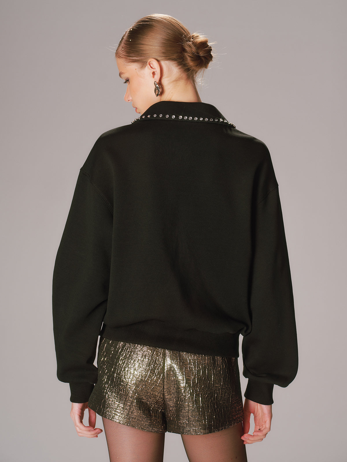 Embellished Rhinestone Collar Long-Sleeve Sweatshirt