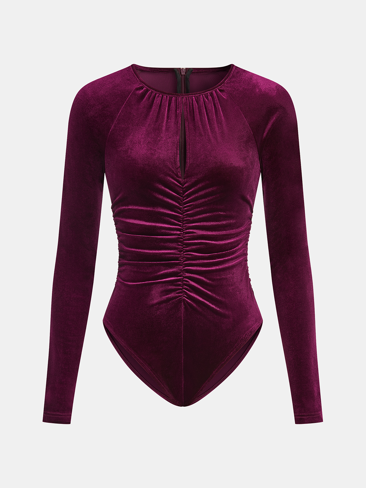 Velvet Bodysuit with Ruched Long Sleeves