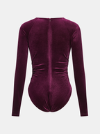 Velvet Bodysuit with Ruched Long Sleeves