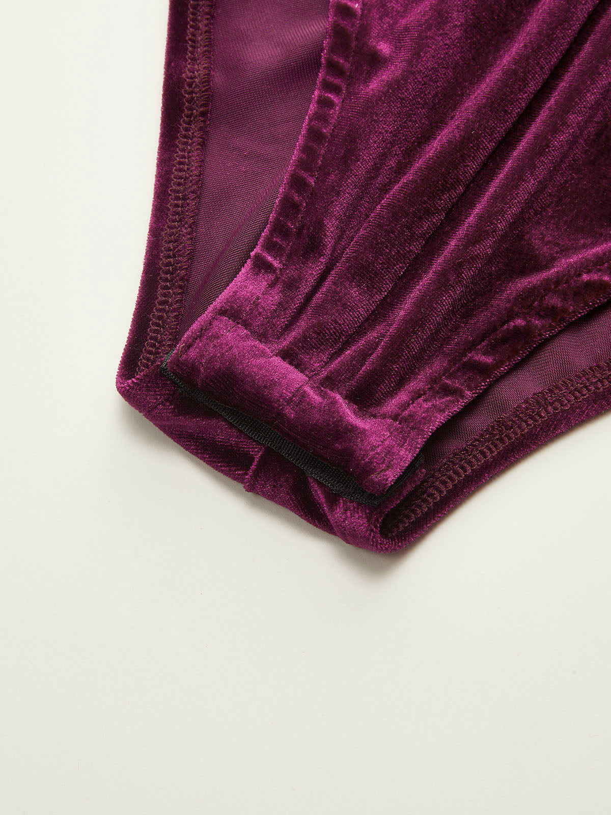 Velvet Bodysuit with Ruched Long Sleeves