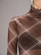 Sheer Mesh Plaid Turtleneck with Long Sleeves
