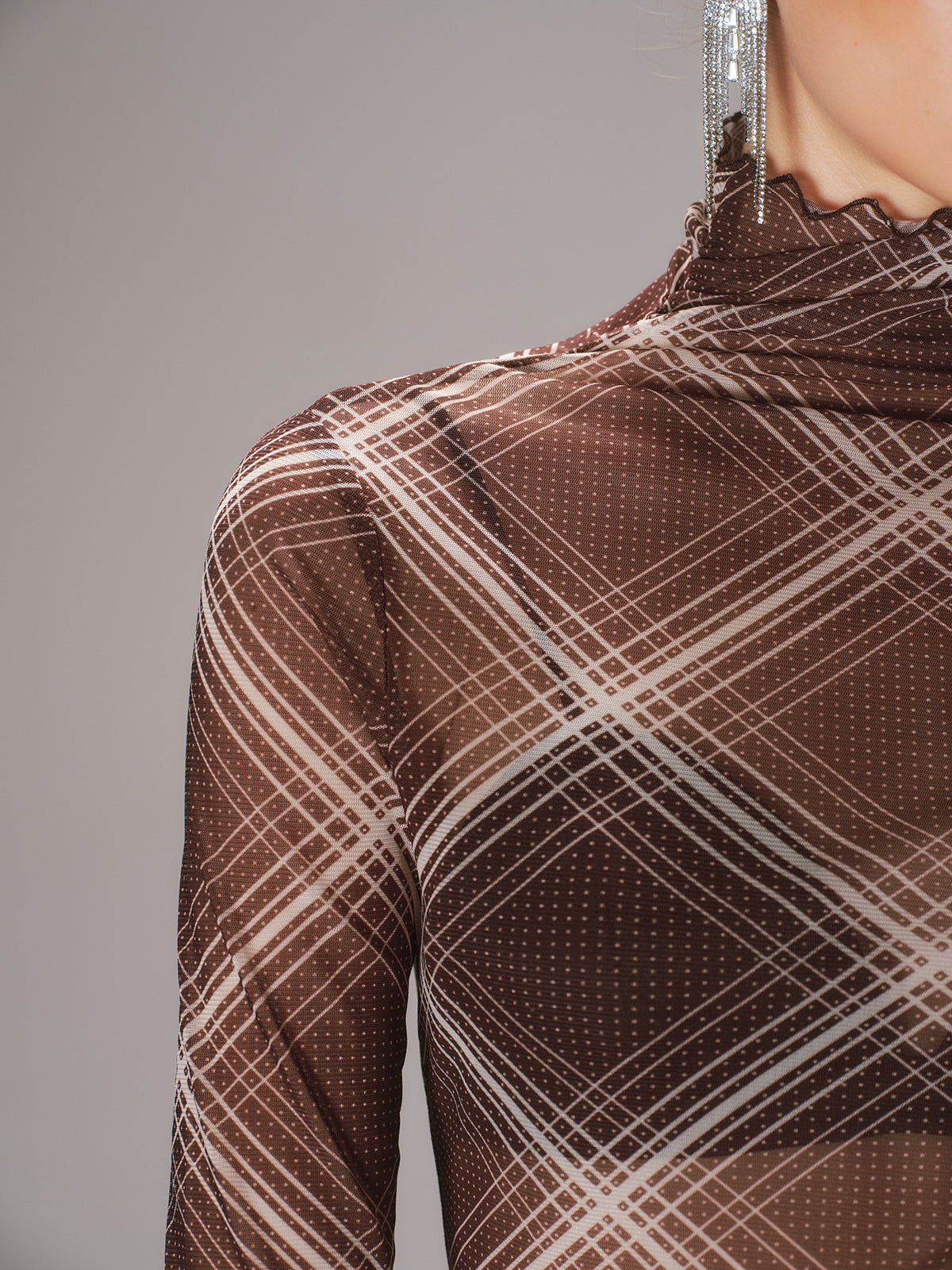 Sheer Mesh Plaid Turtleneck with Long Sleeves