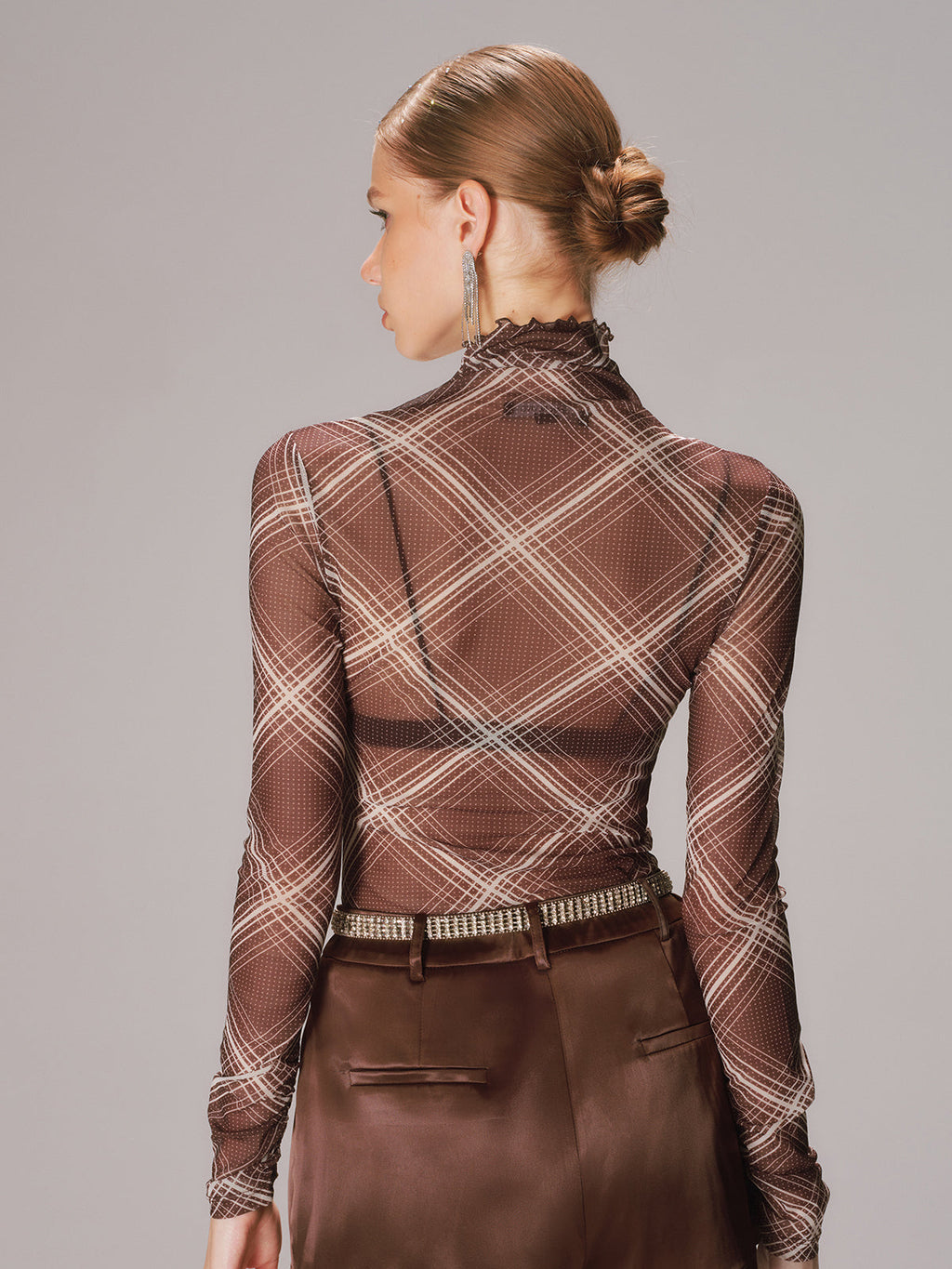 Sheer Mesh Plaid Turtleneck with Long Sleeves