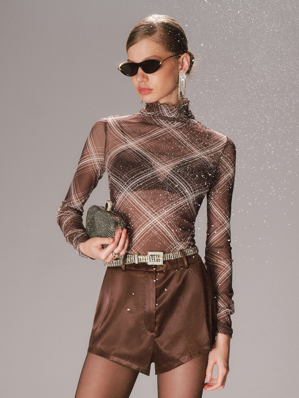 Sheer Mesh Plaid Turtleneck with Long Sleeves
