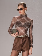 Sheer Mesh Plaid Turtleneck with Long Sleeves