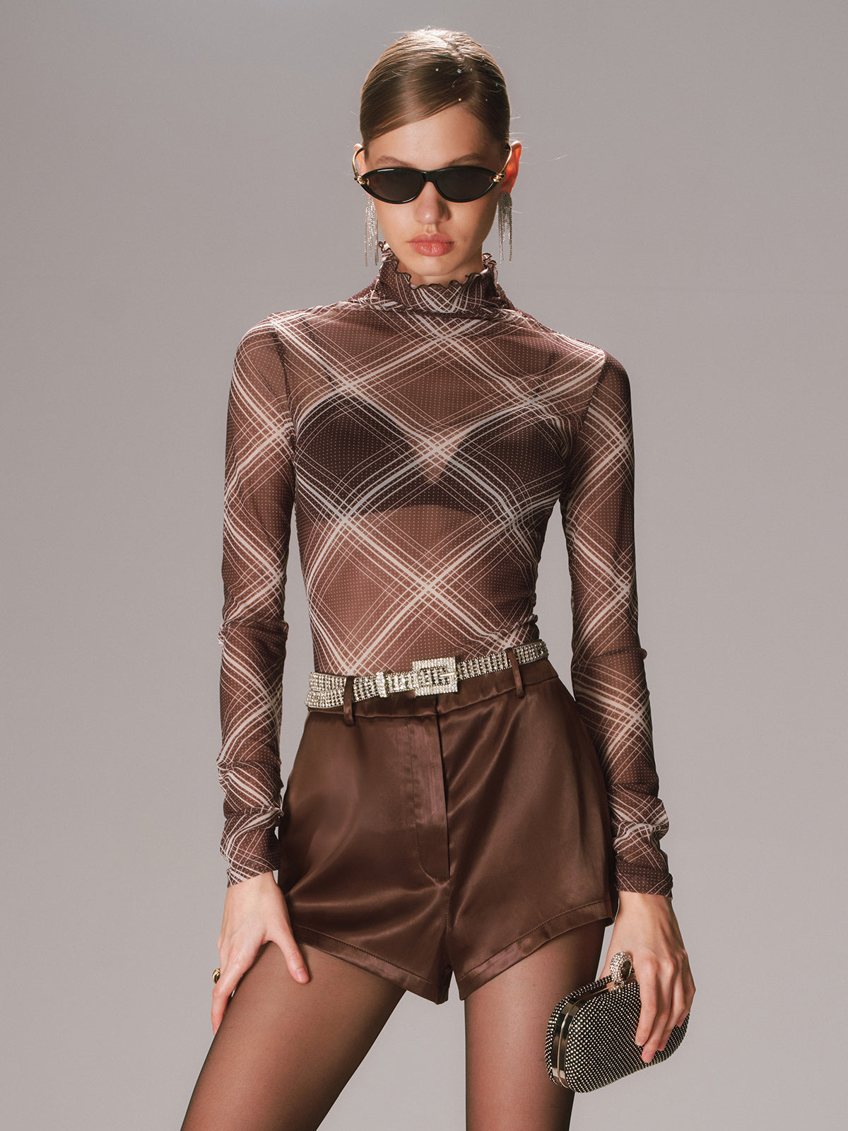 Sheer Mesh Plaid Turtleneck with Long Sleeves