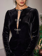 Velvet Dress with Long Sleeves and Rhinestone Bow