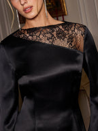 Long Sleeve Satin Dress with Lace Neck Detail