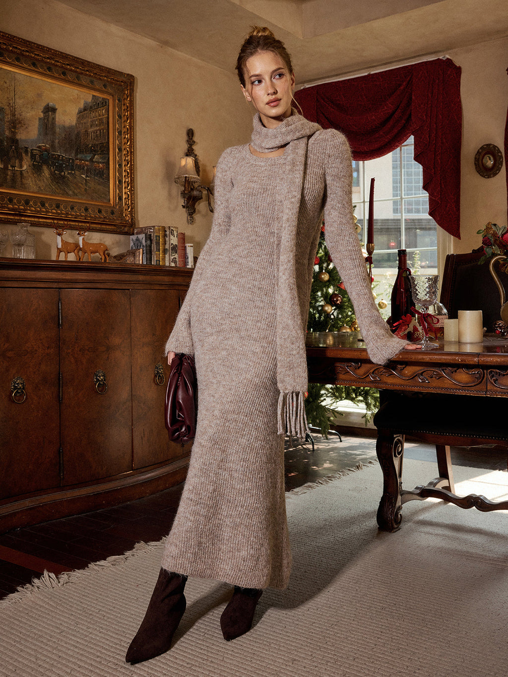 Long Sleeve Knit Maxi Dress and Matching Scarf