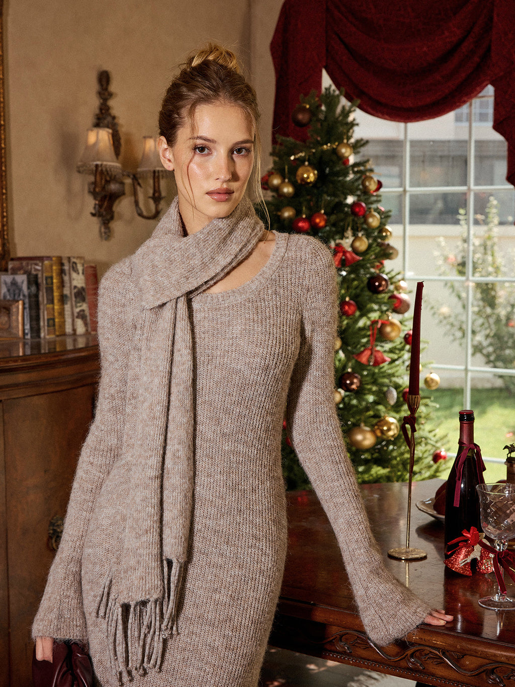 Long Sleeve Knit Maxi Dress and Matching Scarf