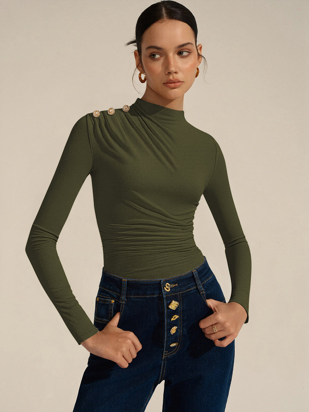 Ruched Shoulder Long Sleeve Fitted Bodysuit