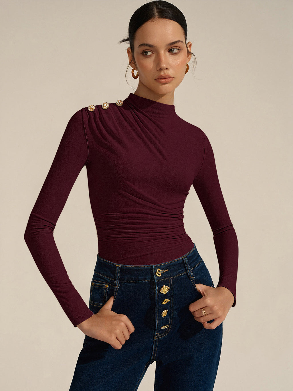 Ruched Shoulder Long Sleeve Fitted Bodysuit