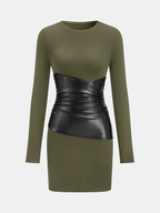 PU Leather Accent Long Sleeve Knitted Dress