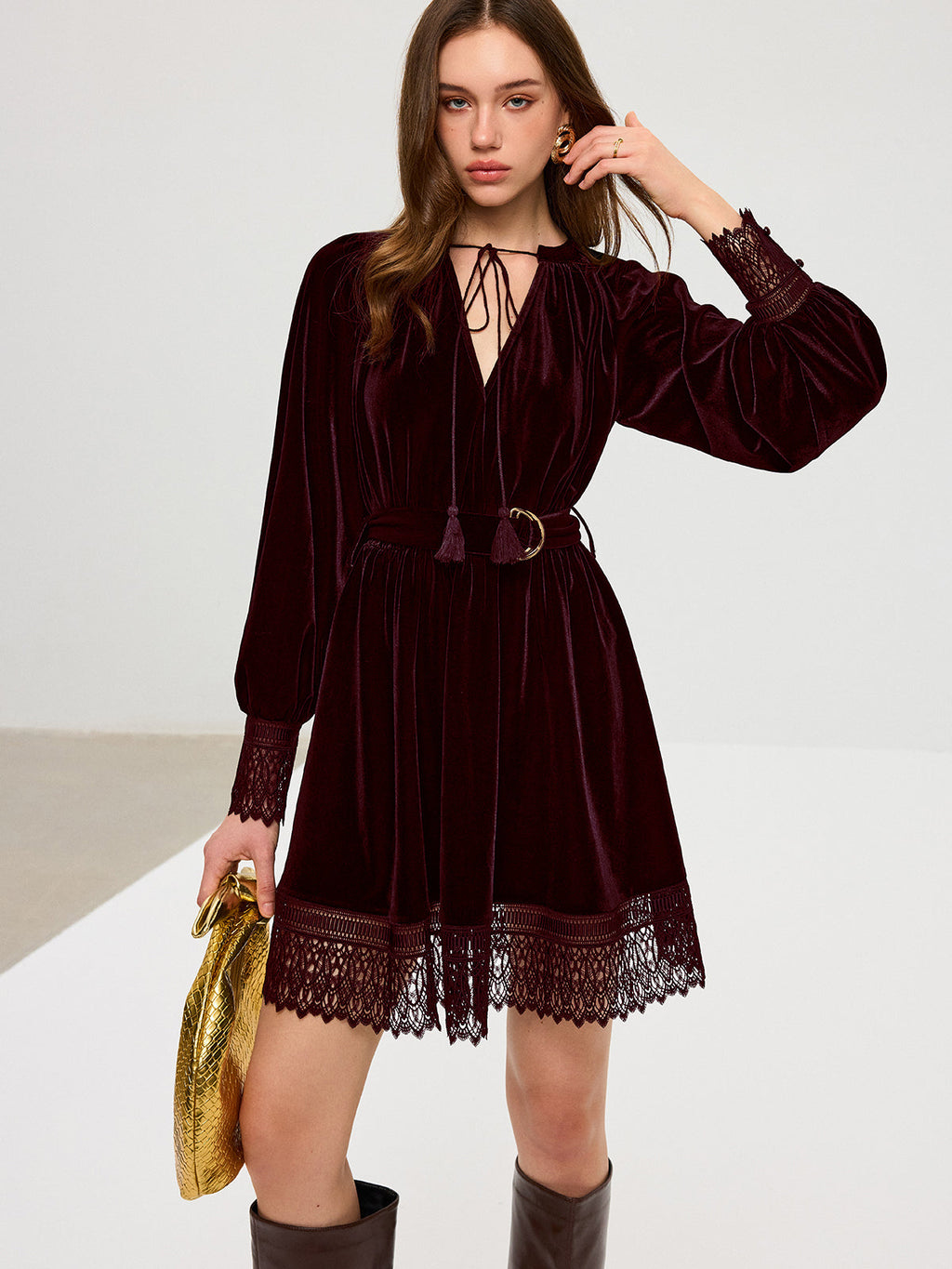 Velvet Lace Trim Dress with Belt Mini Length