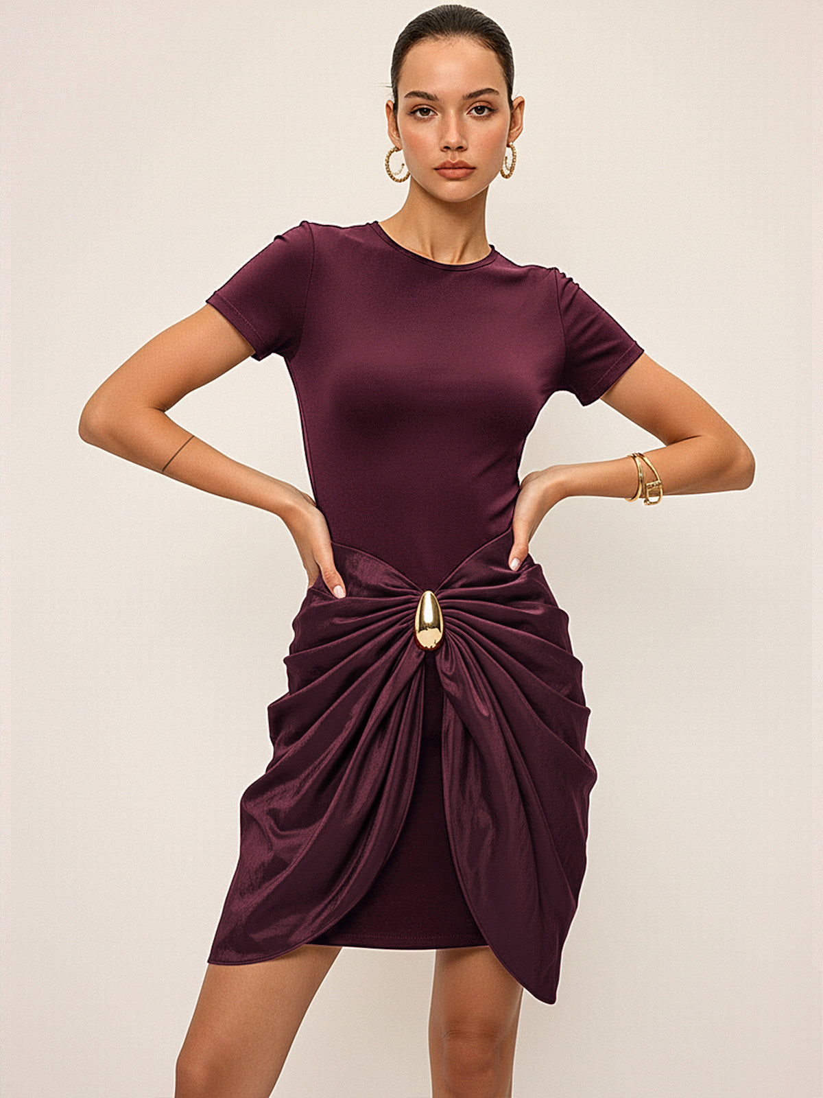 Short Sleeve Dress with Ruched Detail and Metal Buckle