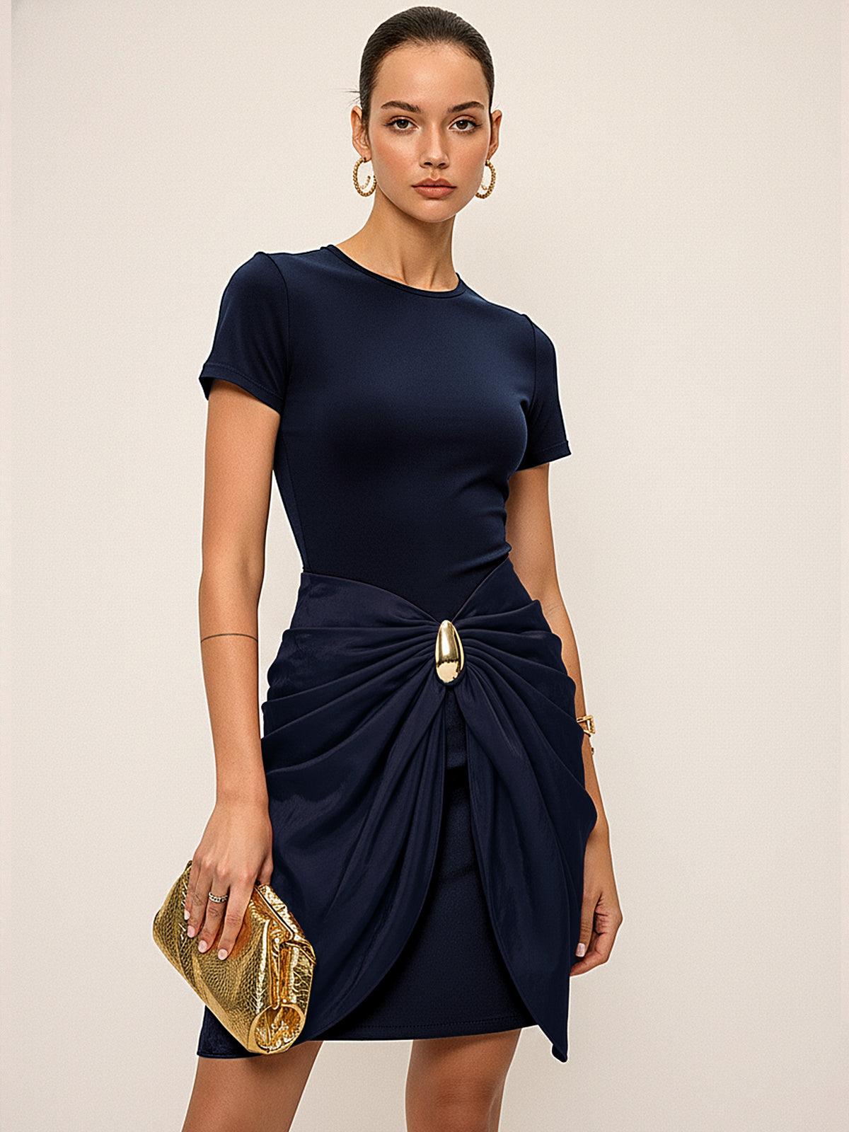 Short Sleeve Dress with Ruched Design and Metal Buckle