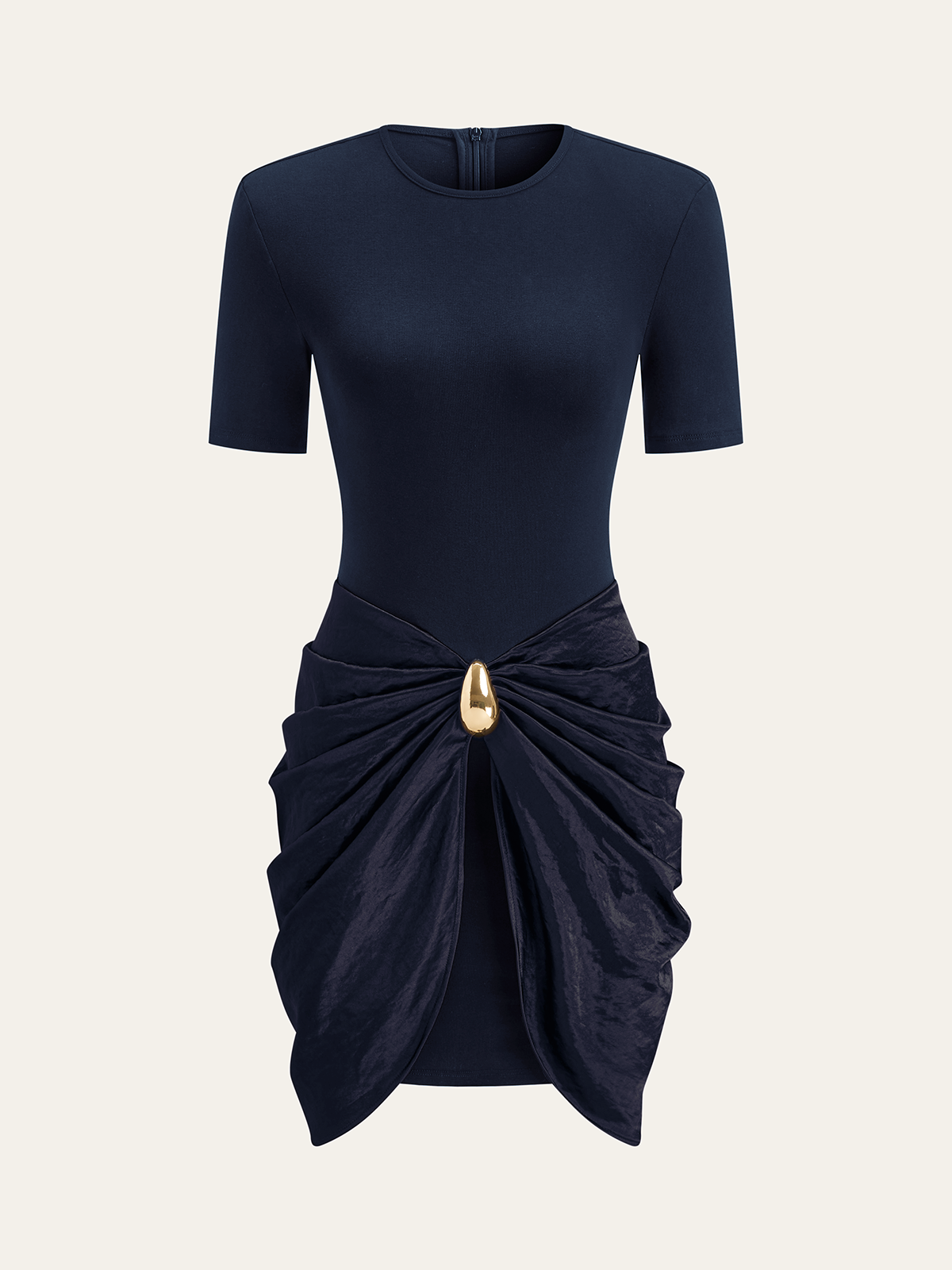 Short Sleeve Dress with Ruched Design and Metal Buckle
