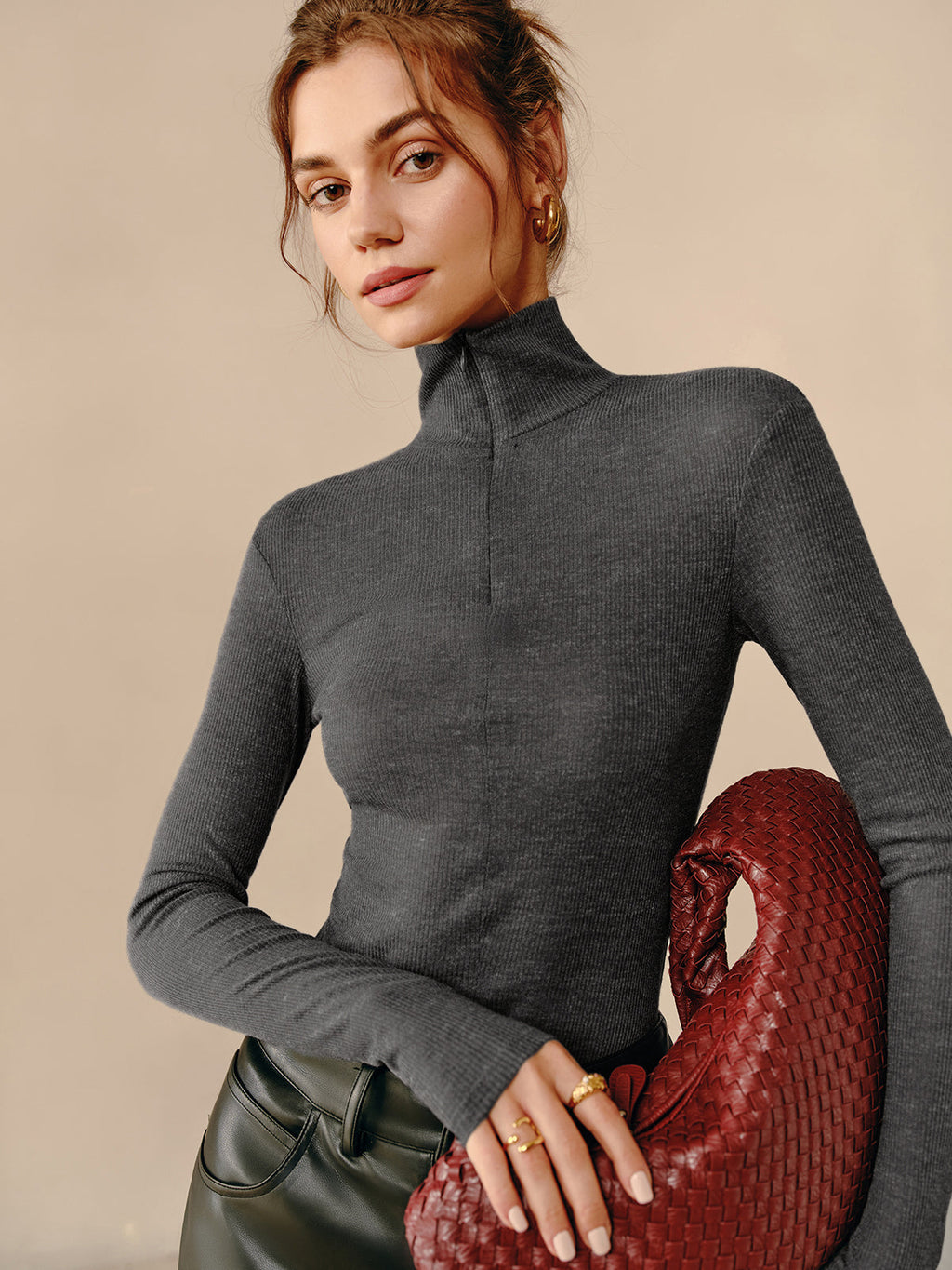Zip-Up Turtleneck with Ribbed Texture T-Shirt