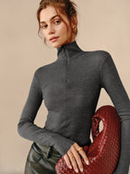 Zip-Up Turtleneck with Ribbed Texture T-Shirt