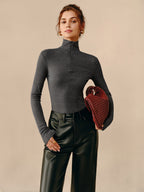 Zip-Up Turtleneck with Ribbed Texture T-Shirt