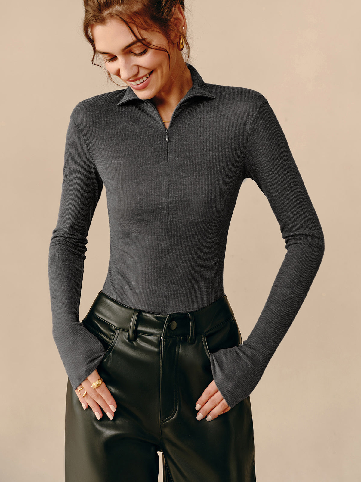 Zip-Up Turtleneck with Ribbed Texture T-Shirt