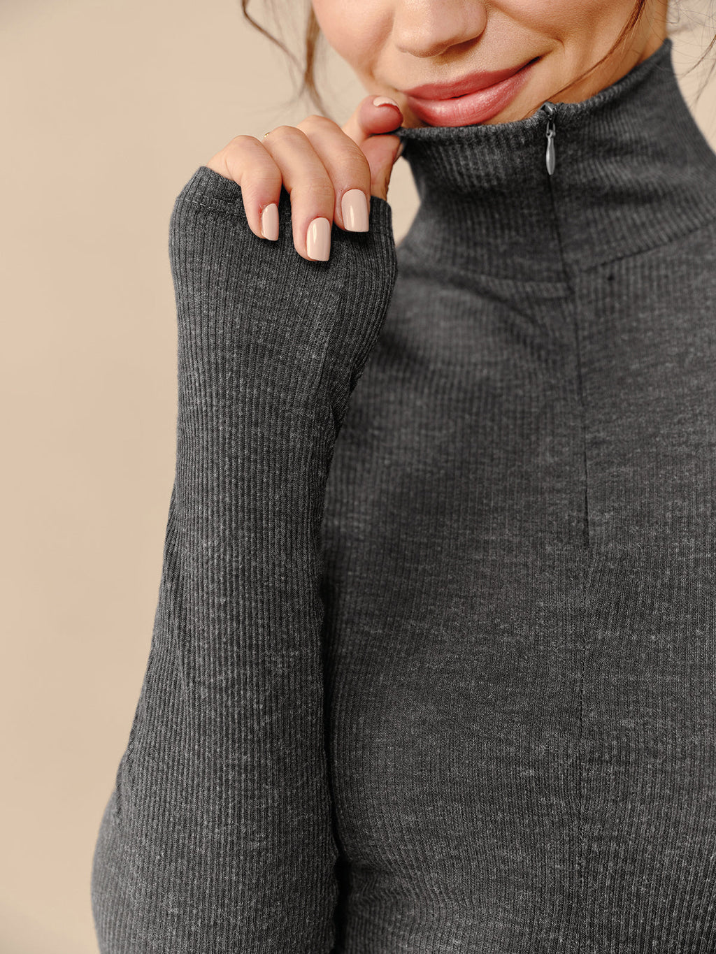 Zip-Up Turtleneck with Ribbed Texture T-Shirt