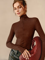 Zip-Up Turtleneck with Ribbed Texture T-Shirt