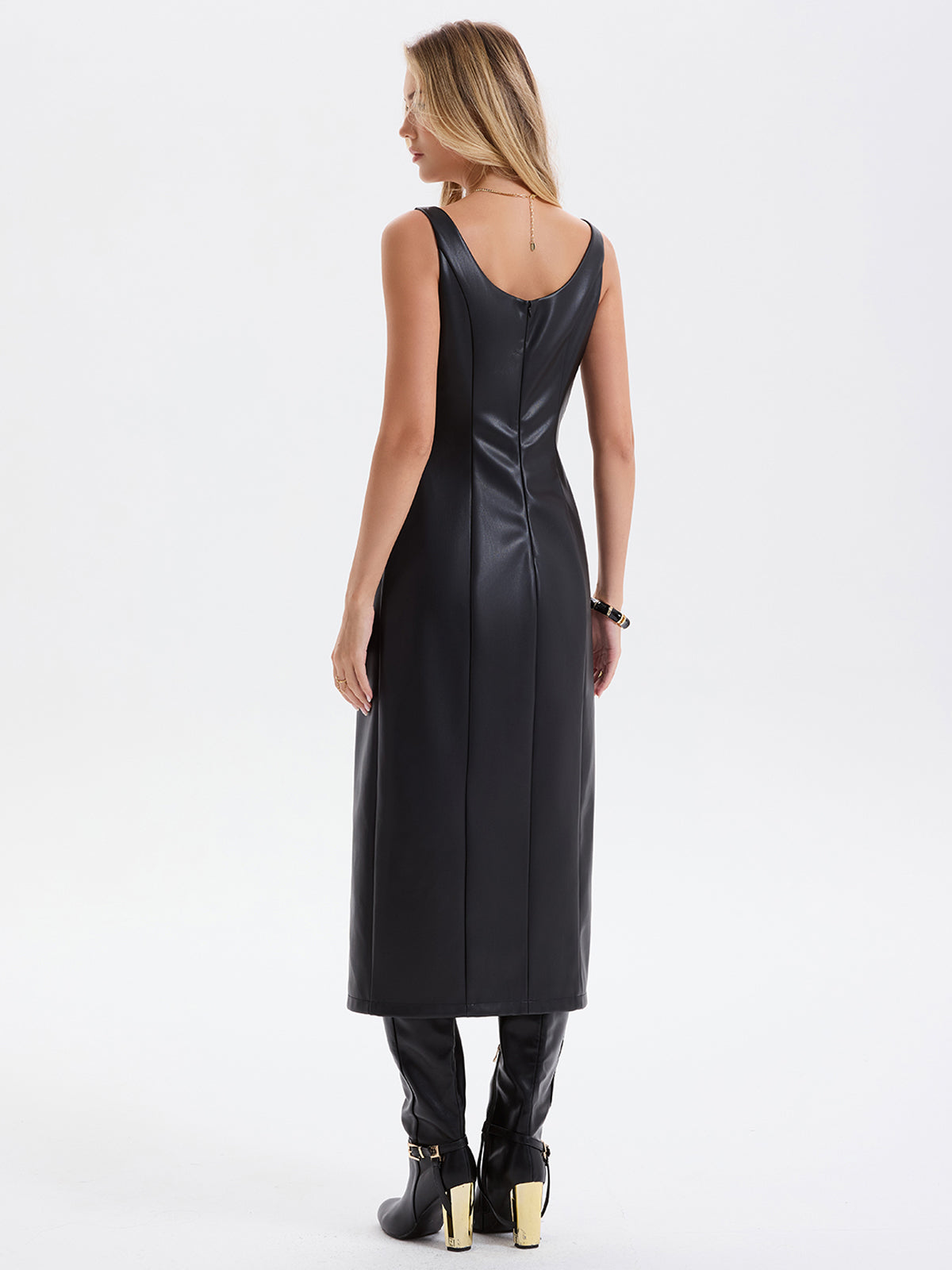 Faux Leather Sleeveless Midi Dress with Asymmetrical Slit