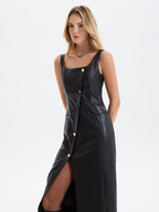 Faux Leather Sleeveless Midi Dress with Asymmetrical Slit