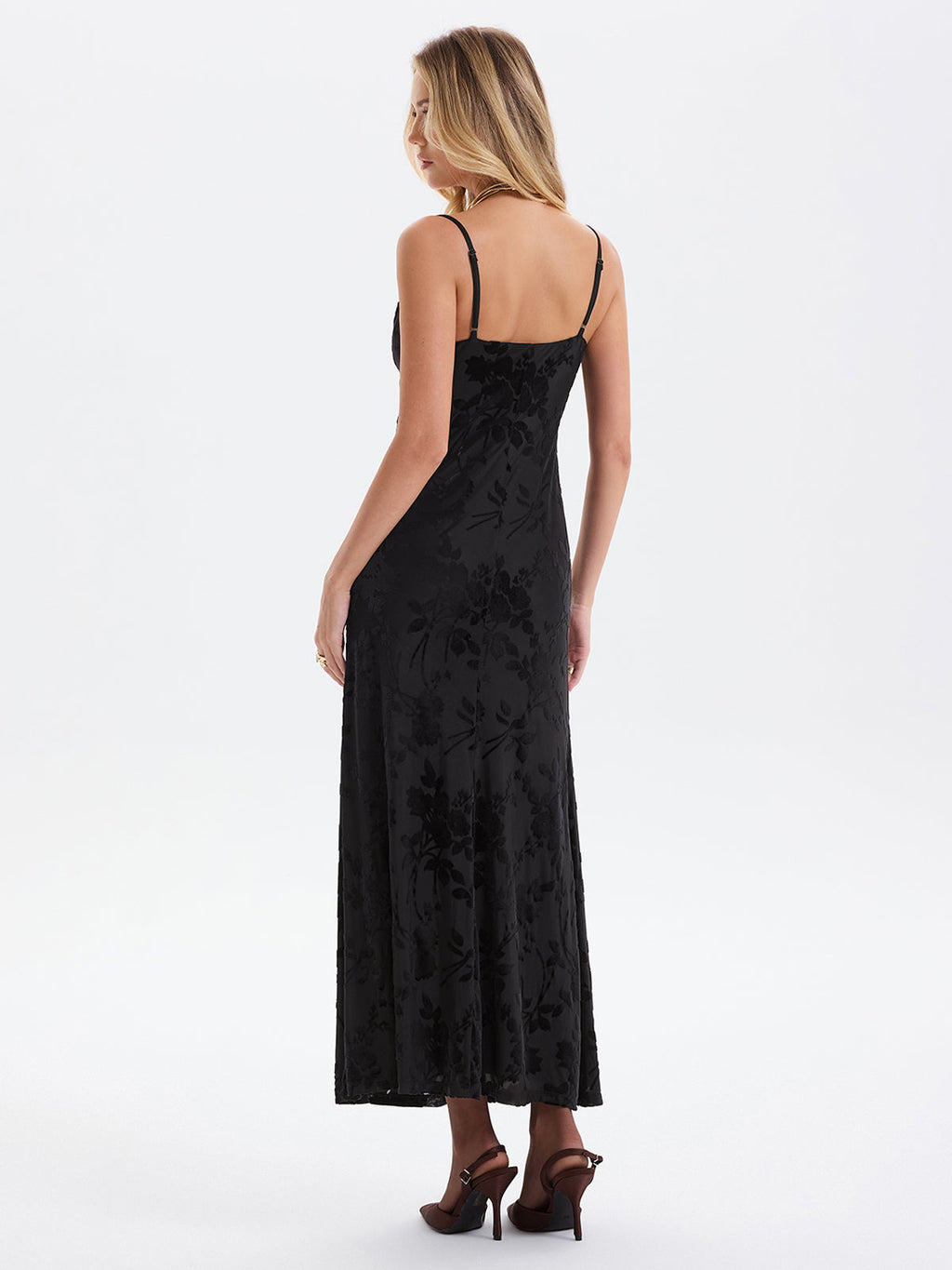 Cami Flocked Floral Mesh Maxi Dress Design