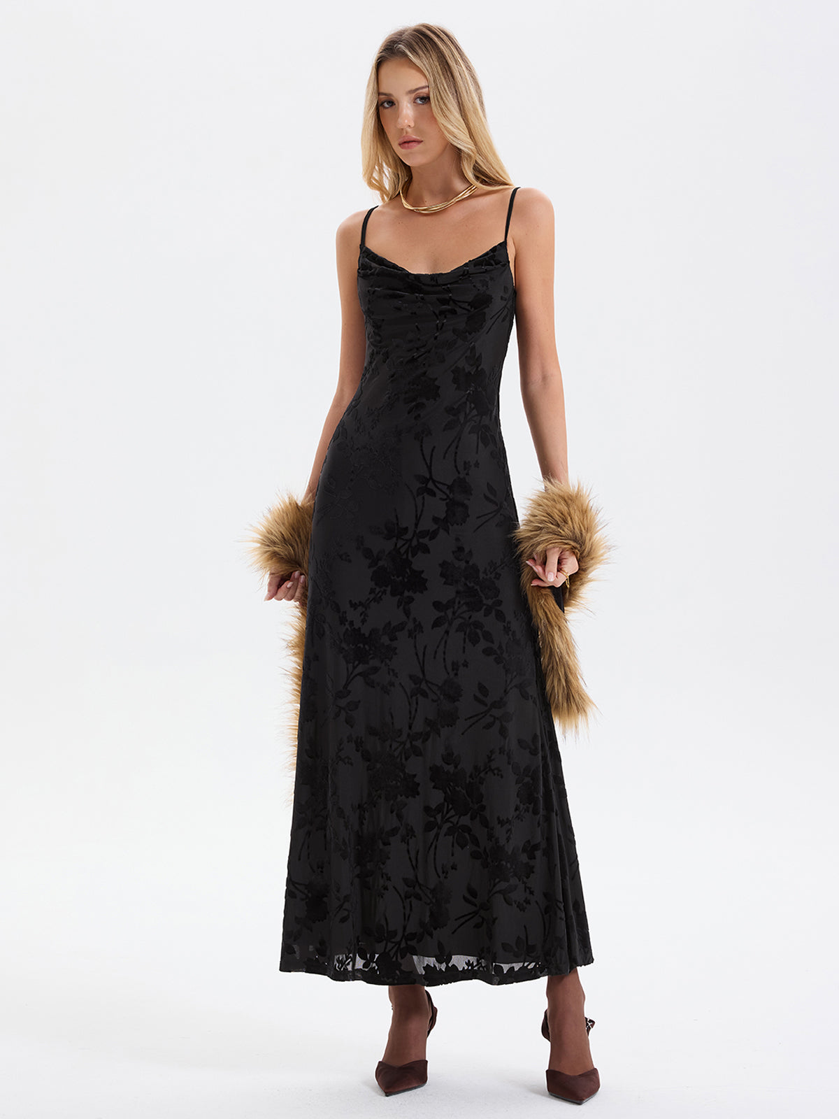 Cami Flocked Floral Mesh Maxi Dress Design
