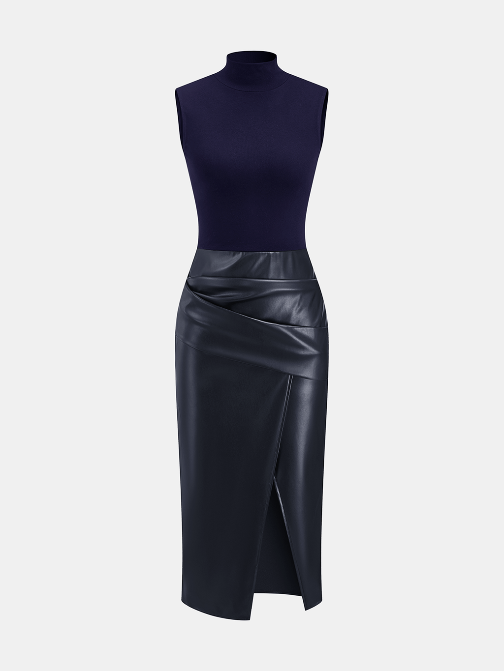 Mock Neck Sleeveless Dress with Faux Leather Panel
