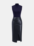 Mock Neck Sleeveless Dress with Faux Leather Panel