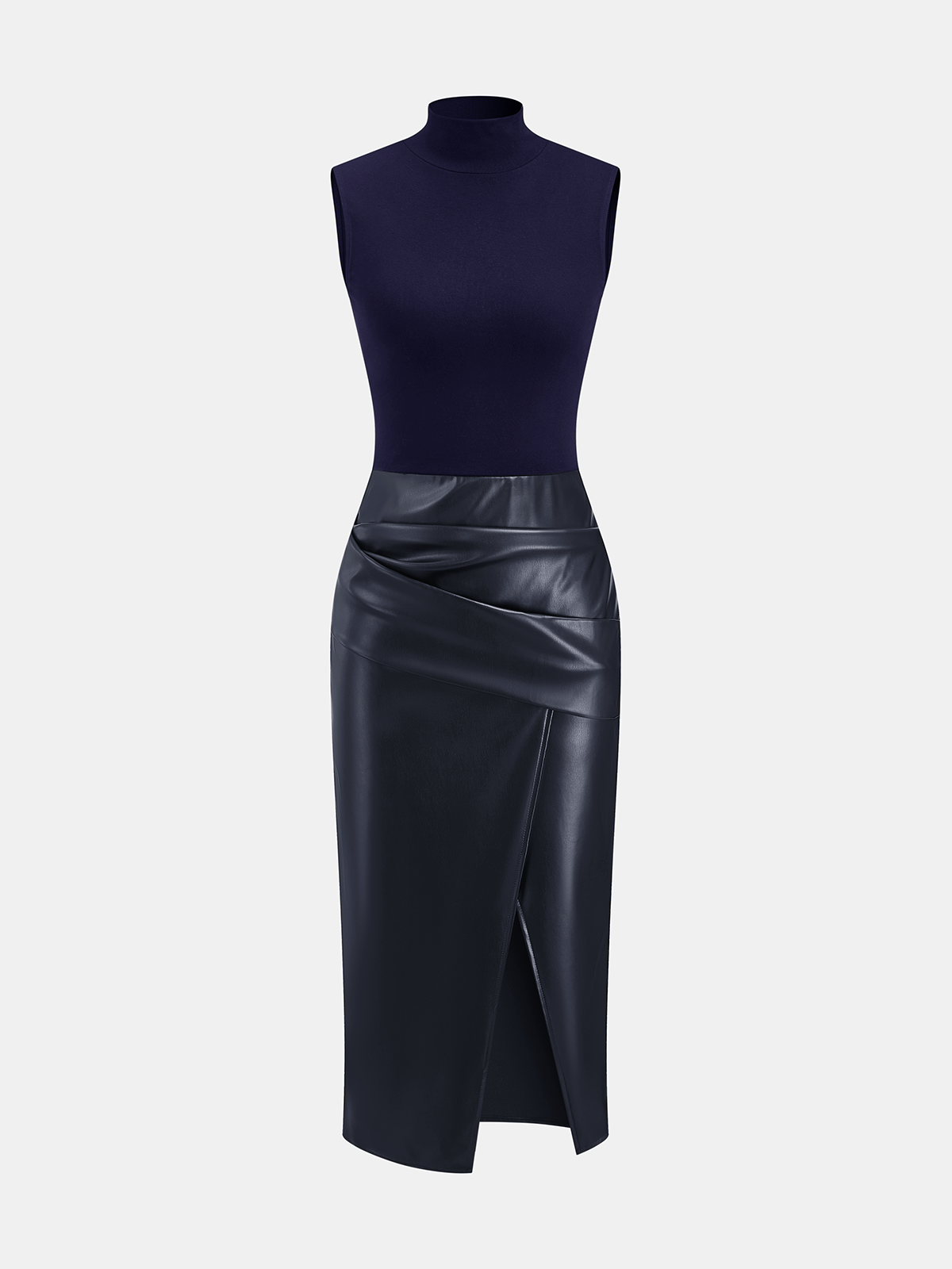 Mock Neck Sleeveless Dress with Faux Leather Panel