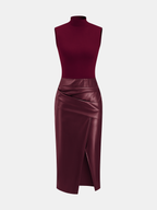 Mock Neck Sleeveless Dress with Faux Leather Panel