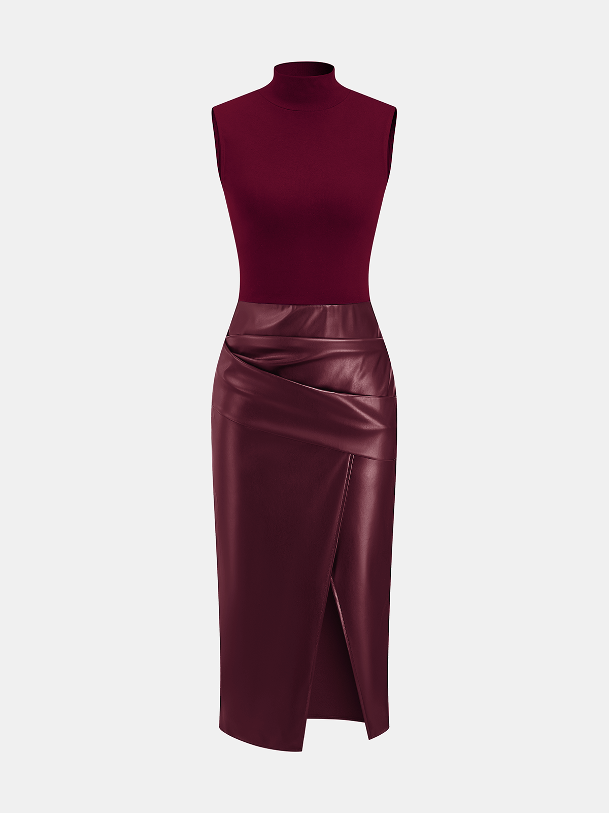 Mock Neck Sleeveless Dress with Faux Leather Panel