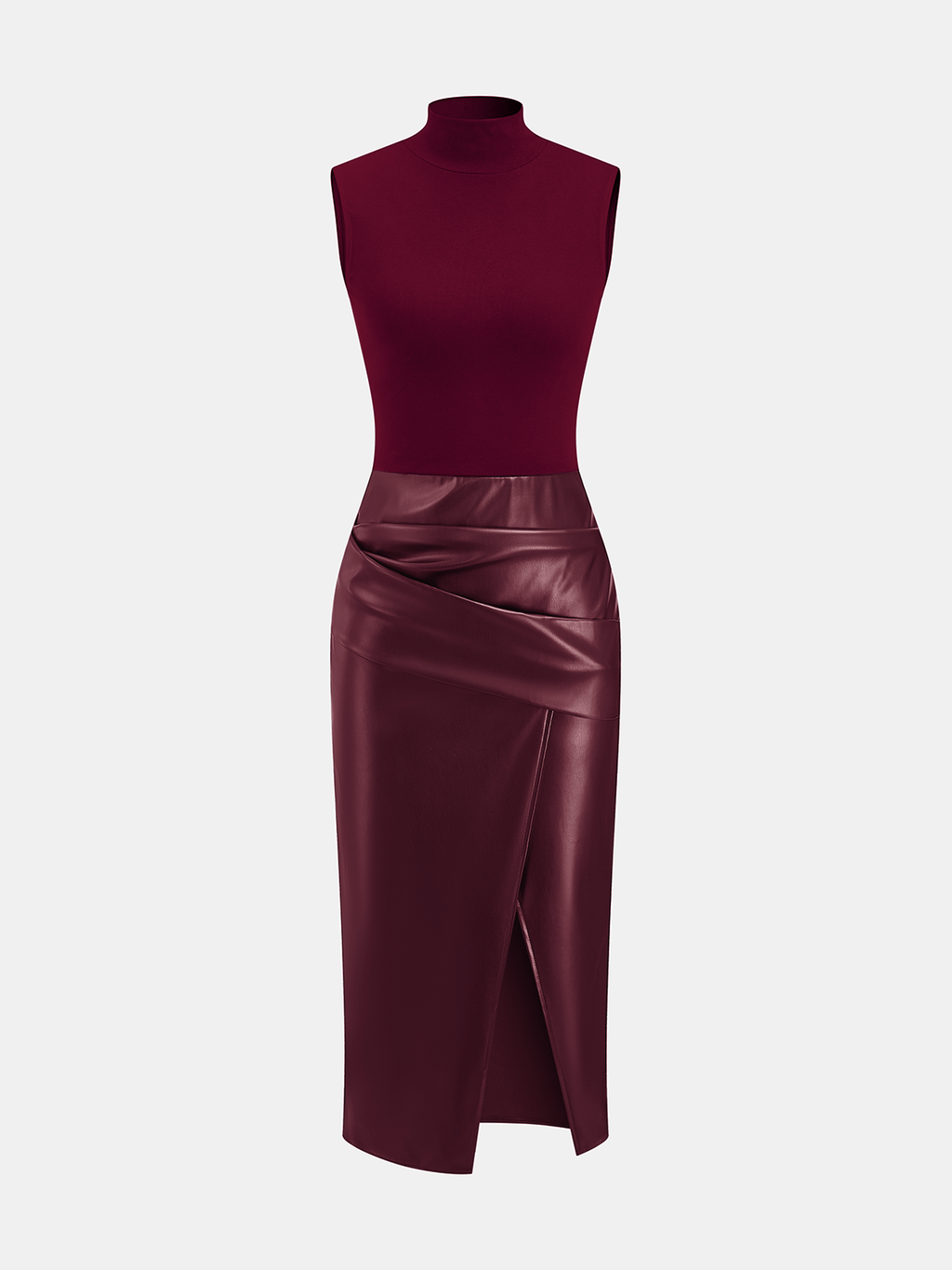 Mock Neck Sleeveless Dress with Faux Leather Panel