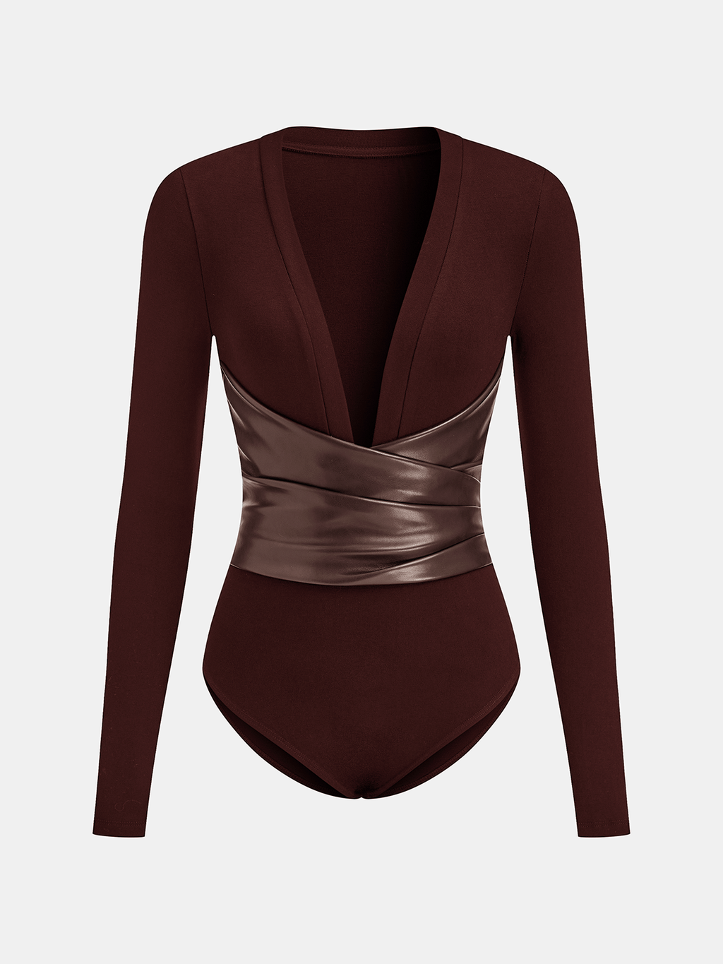 V-Neck Bodysuit with Faux Leather Wrap Waist